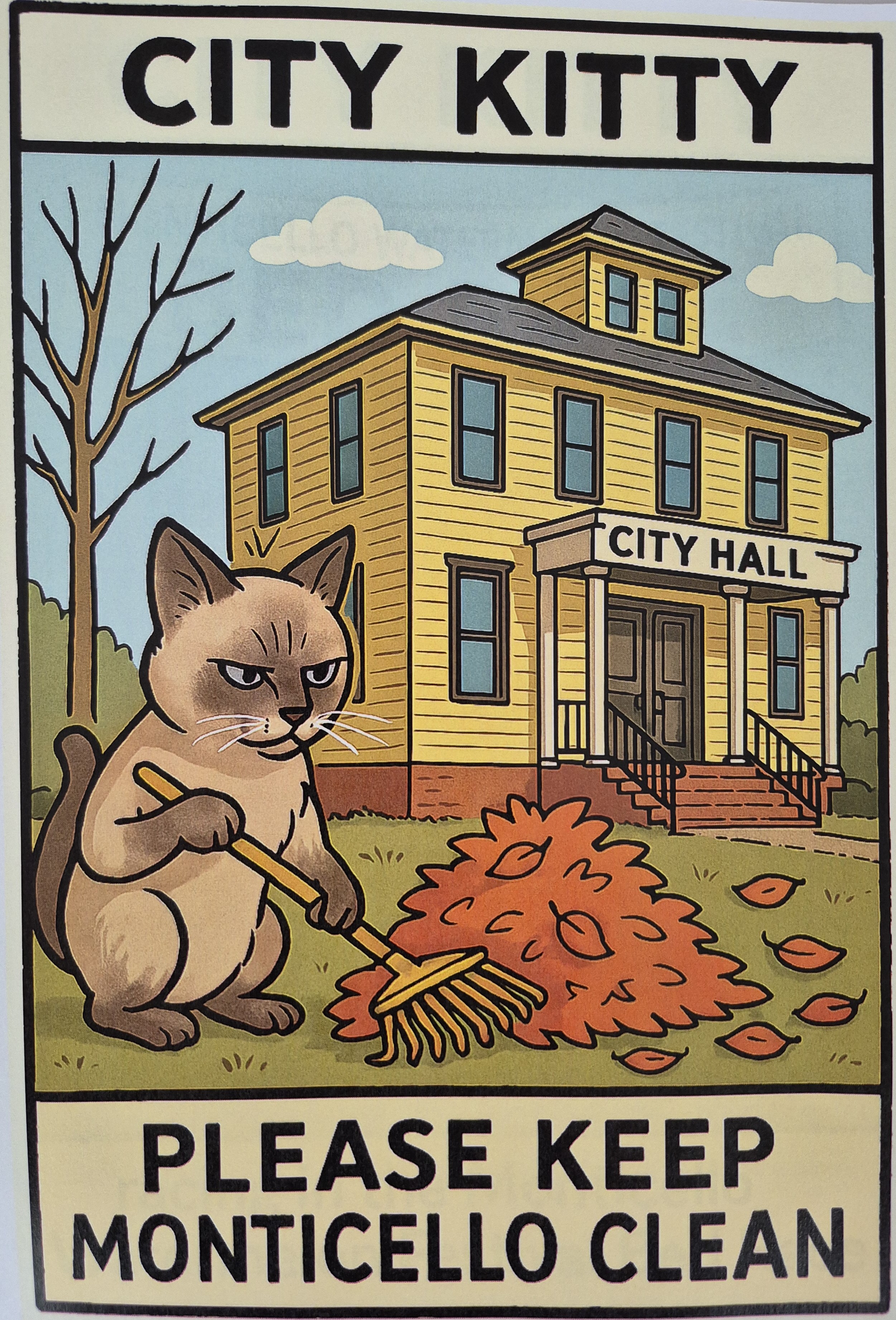 A comic-like image of a cat called City Kitty cleaning up leaves in front of City Hall with a caption that says Please Keep Monticello Clean